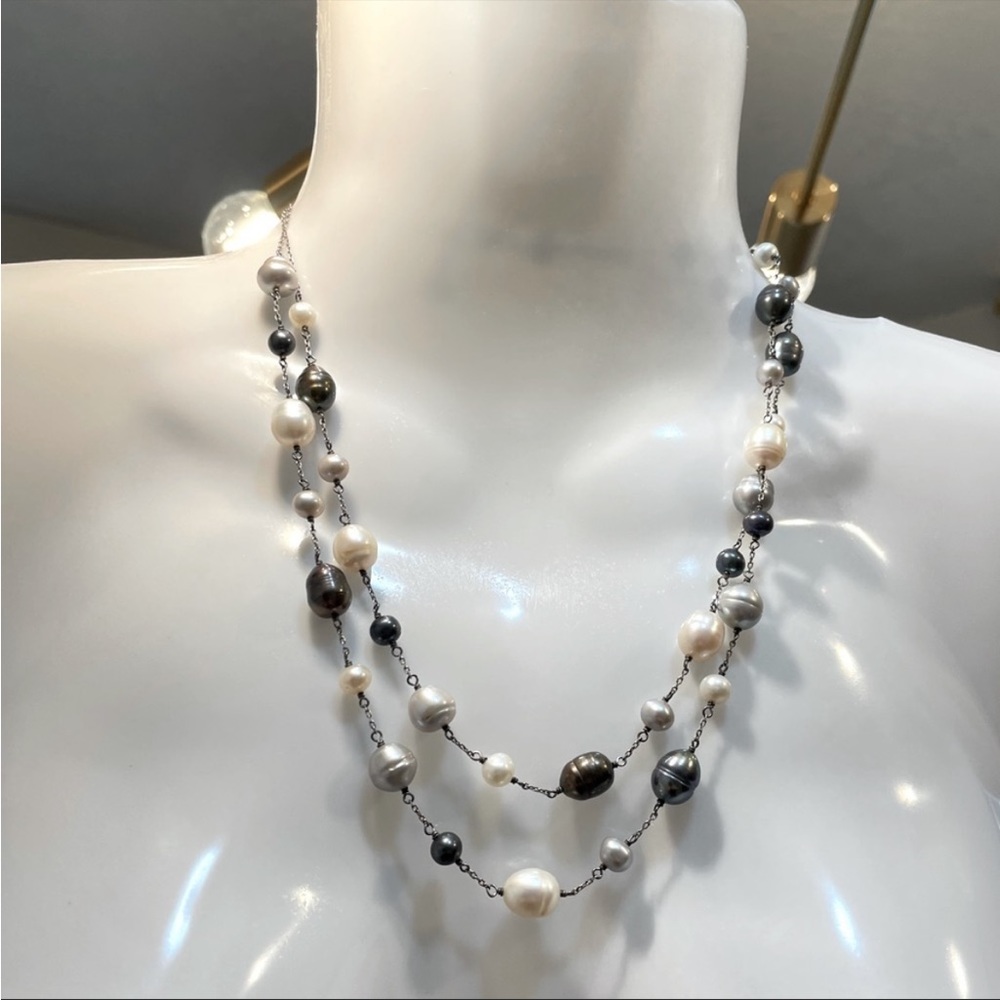 100% real Tri colored Pearl necklace with Tahitian black pearls double stranded